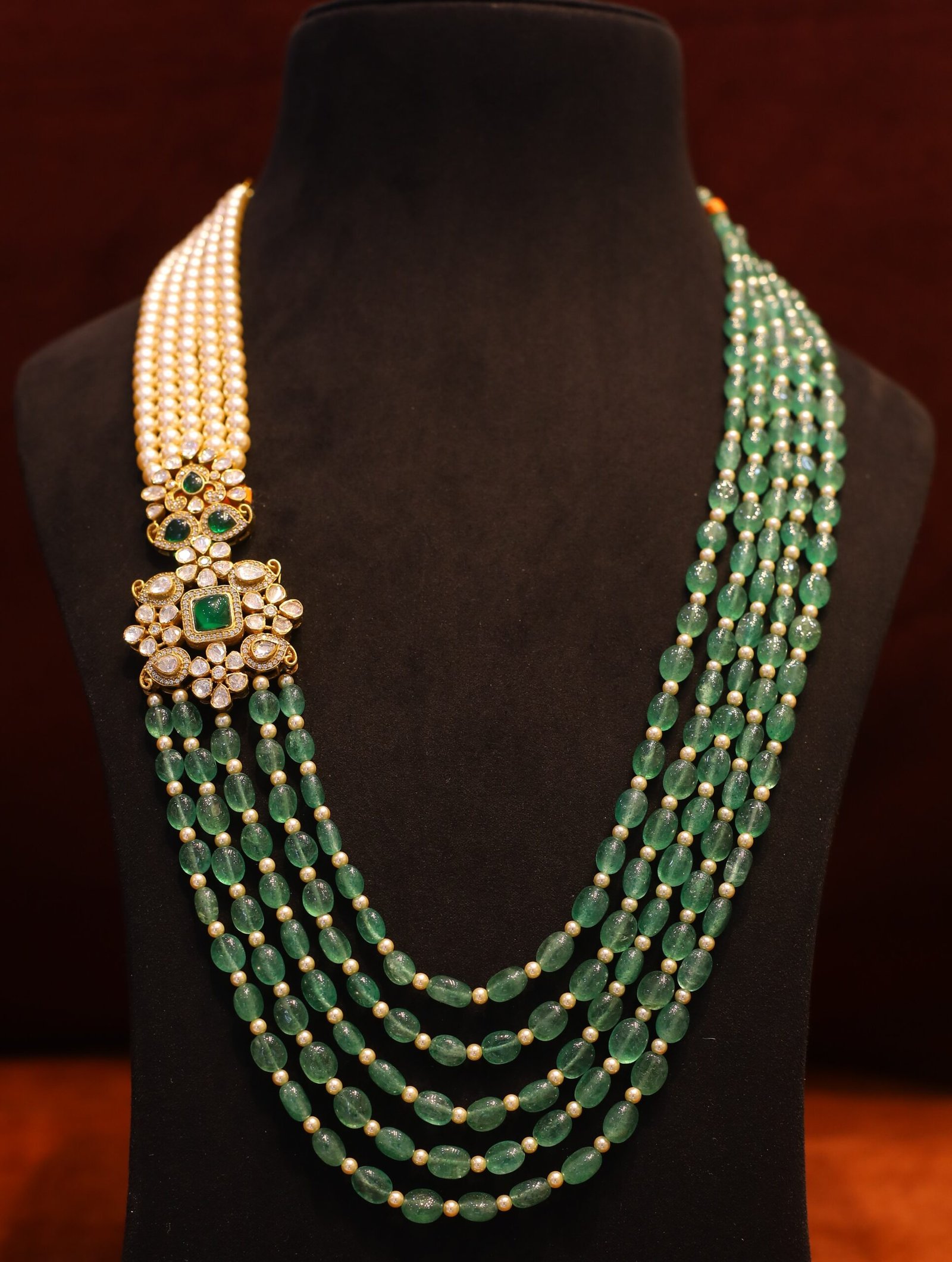 Emeralds And Pearls Layered Silver Long Necklace - M062